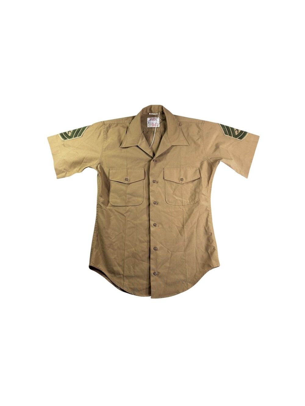 Vintage Creighton USMC Military Shirt Khaki Tan Staff Sergeant Patches USA Made